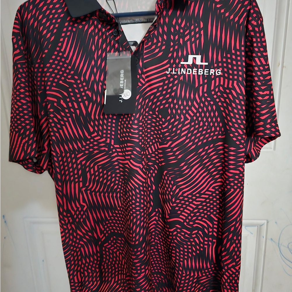 J.Lindeberg Red and Black Polo Shirt with Geometric Design